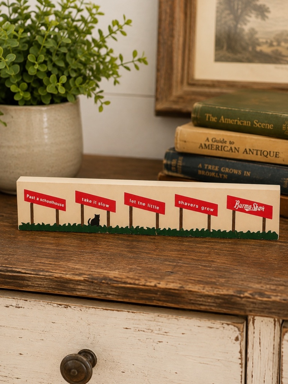 Vintage 1995 The Cat's Meow Burma Shave Roadside Signs Wooden Shelf Sitter